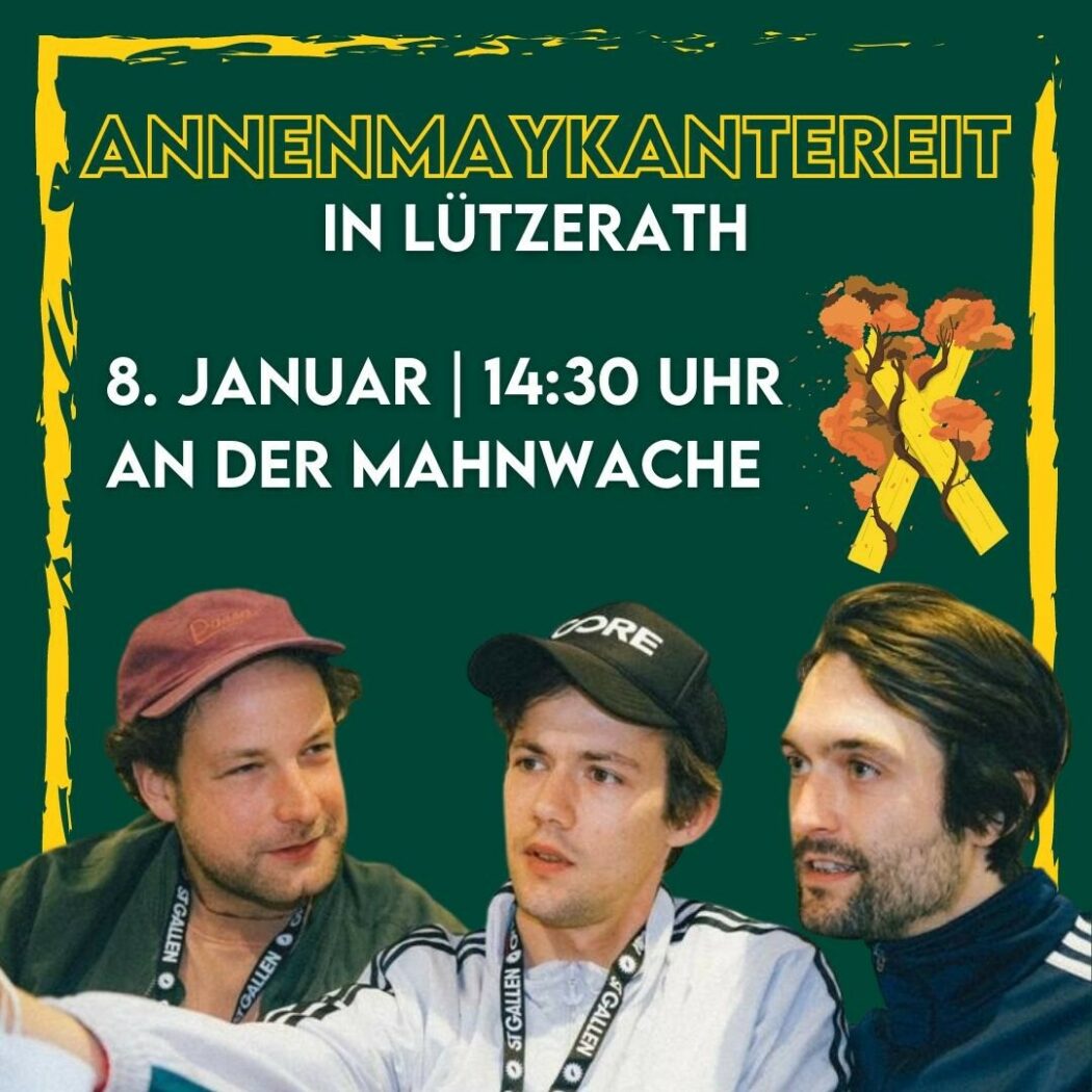 sharepic annenmaykantereit beim Dorfspaziergang in Lützerath am 8. Januar um 14:30 Uhr an der Mahnwache