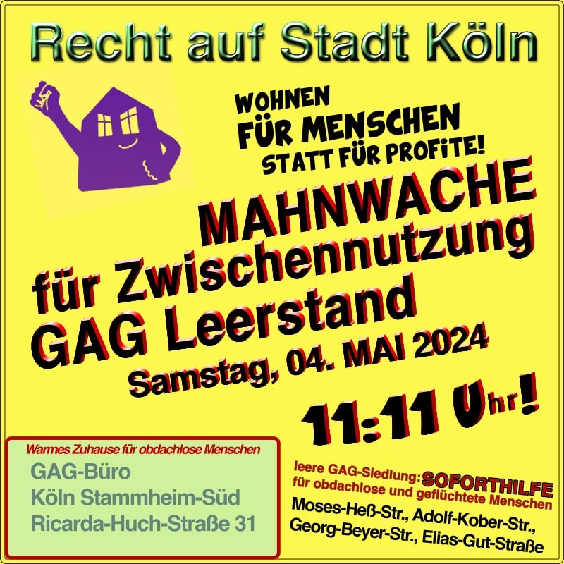 Einladung-Bildchen zur Mahnwache vor der leer gezogenen GAG-Siedlung in Köln Stammheim am 4. Mai 2024