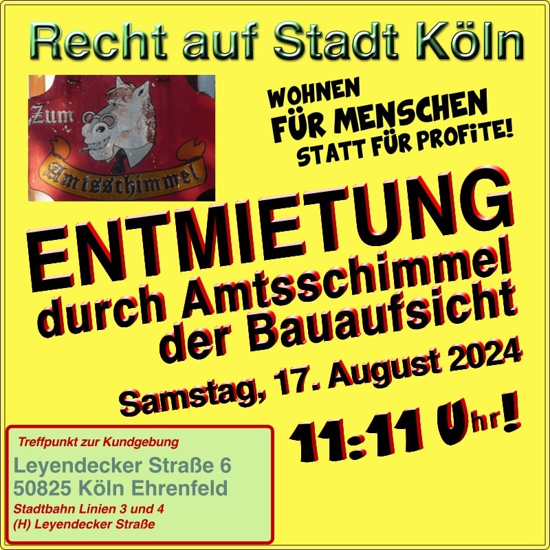 sharepic Einladung zur Mahnwache gegen Behördenwillkür am 17. August 2024 um 11:11 Uhr in der Leyendecker Straße