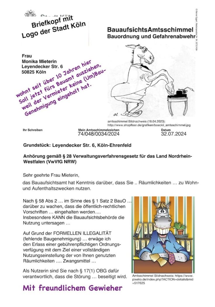 Teilabschrift des Schreibens vom Bauaufsichtsamt an Mieter:innen der Leyendecker Straße 6