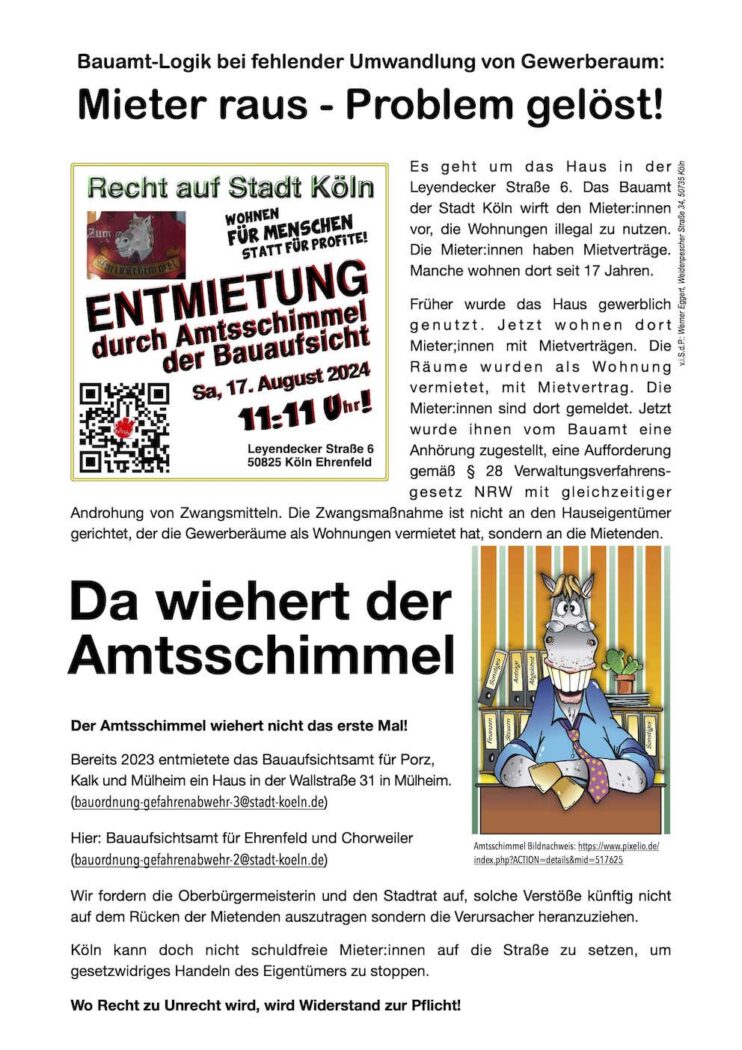 Flugblatt zur Behördenwillkür in der Leyendecker Straße 6 in Köln-Ehrenfeld