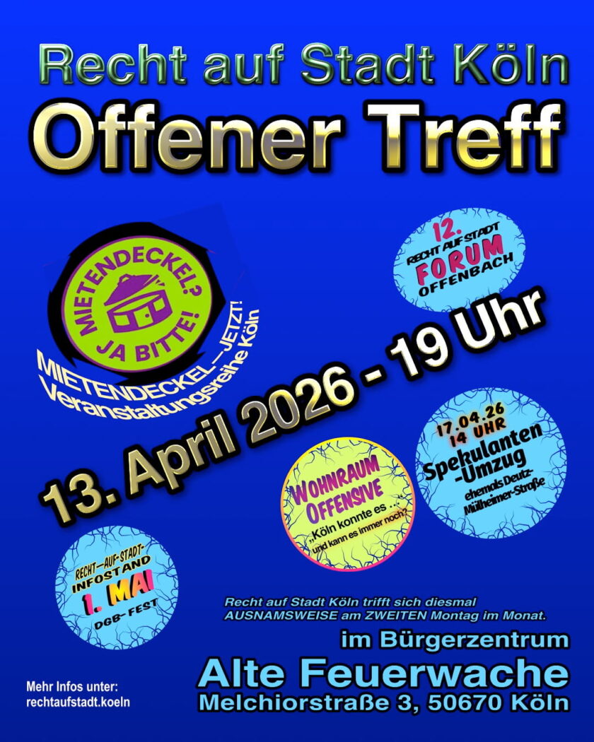 Einladungs-sharepic zum Recht-auf-Stadt-Treffen am 13.04.2026 um 19 Uhr im Offenen Treff der Alten Feuerwache
