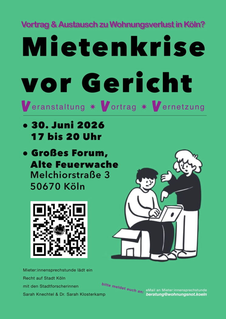 Veranstaltung Mietenkrise vor Gericht - 30.06.2026 - 17 bis 20 Uhr im Großen Forum der Alten Feuerwache in Köln
