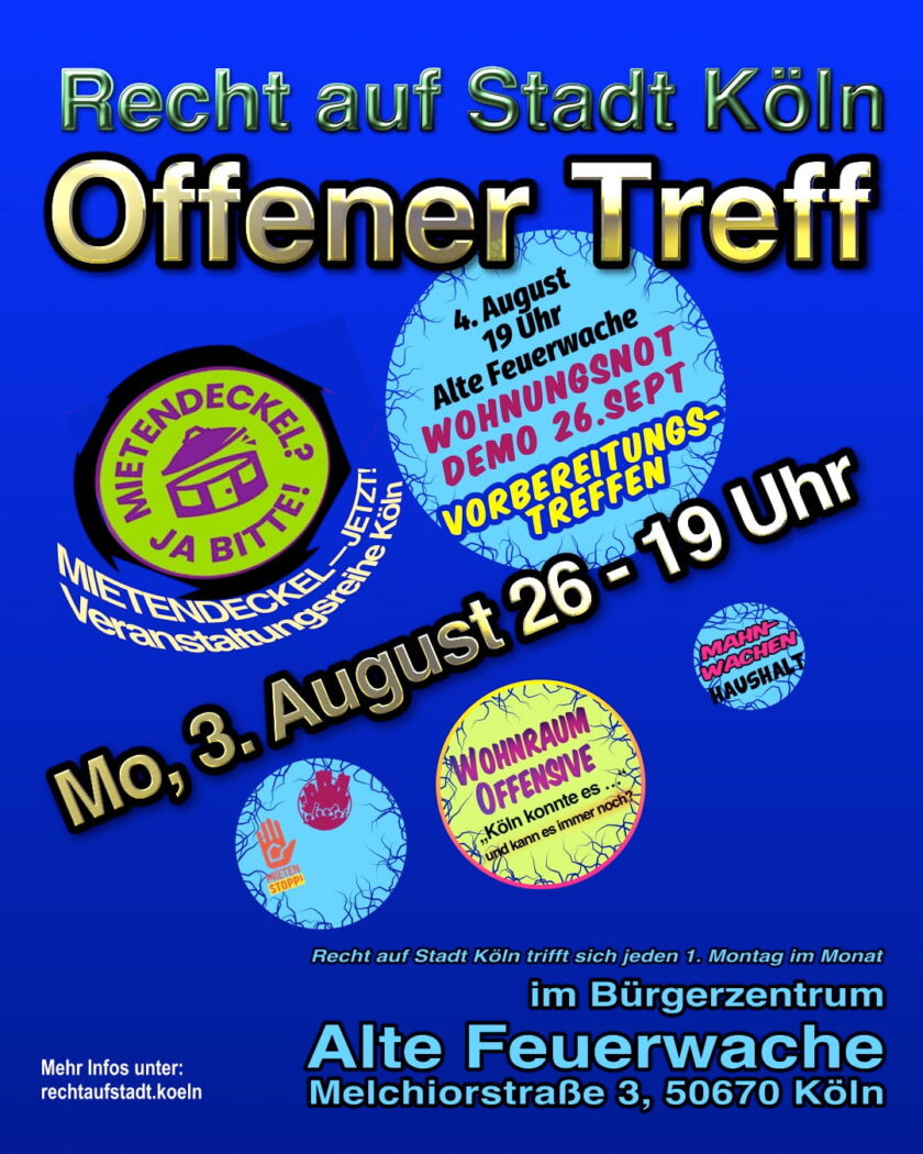 Recht auf Stadt Köln trifft sich am 3. August 2026 um 19 Uhr im Offenen Treff der Alten Feuerwache