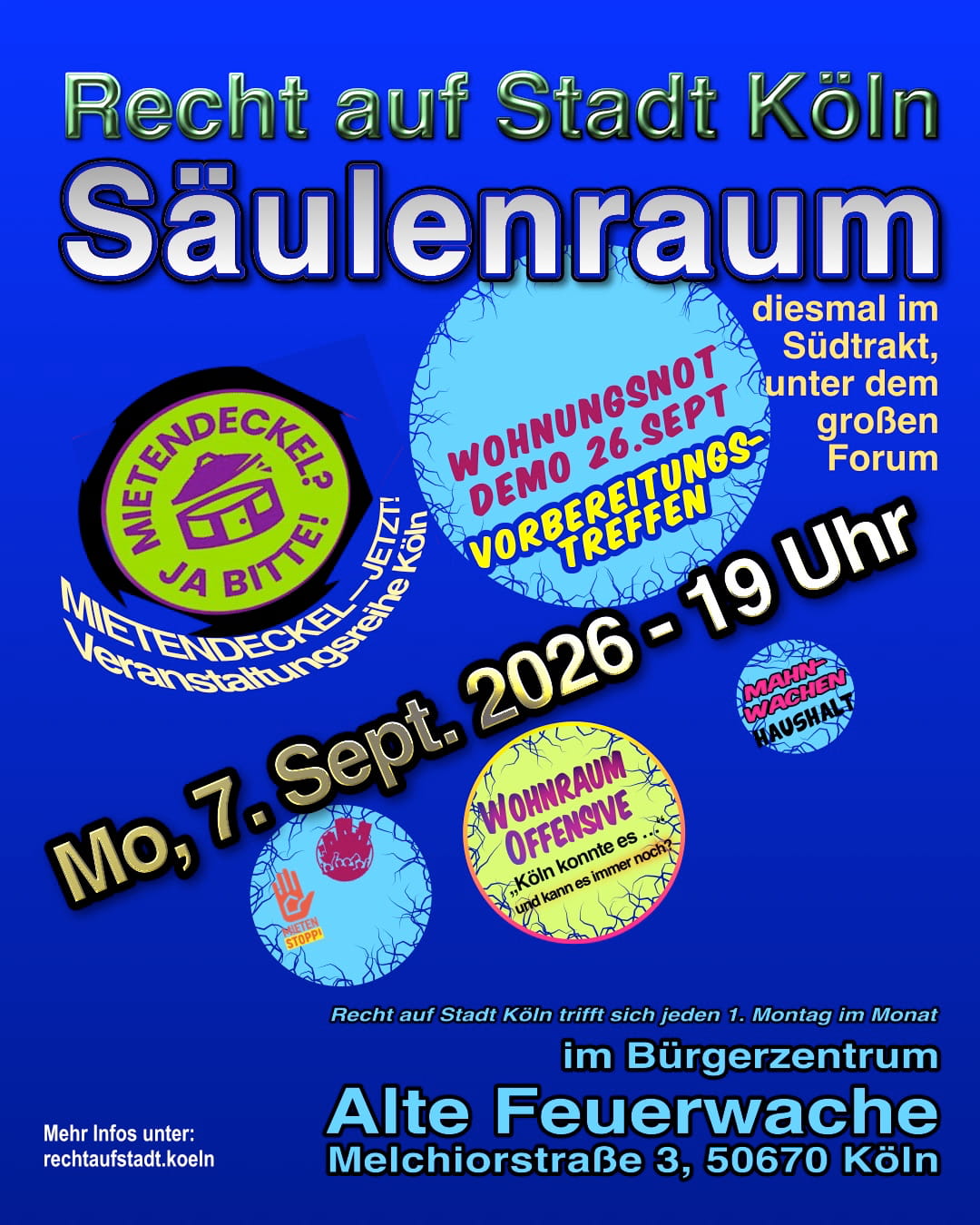 Recht auf Stadt Köln trifft sich am 7. September 2026 um 19 Uhr diesmal im Säulenraum der Alten Feuerwache