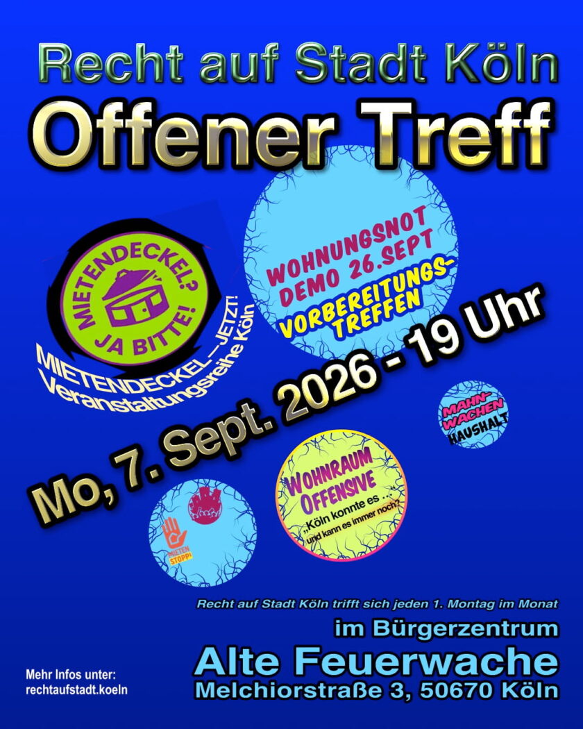 Recht auf Stadt Köln trifft sich am 7. September 2026 um 19 Uhr im Offenen Treff der Alten Feuerwache