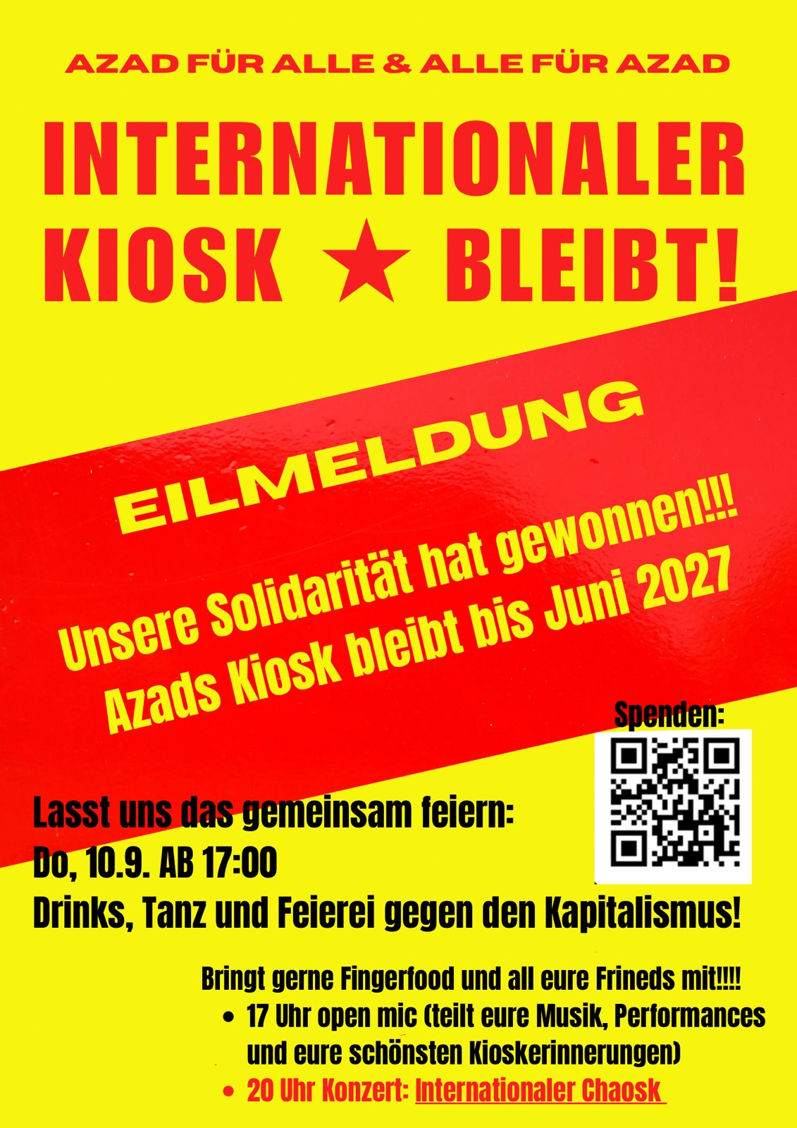 Azads internationaler Kiosk bleibt. Der Gerichtstermin ist abgesagt. Es gab eine außergerichtliche Einigung. Der Internationale Kiosk bleibt bis Ende Juni 2027.